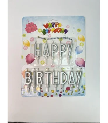 شمع تولد مدل Happy Birthday نقره‌ای